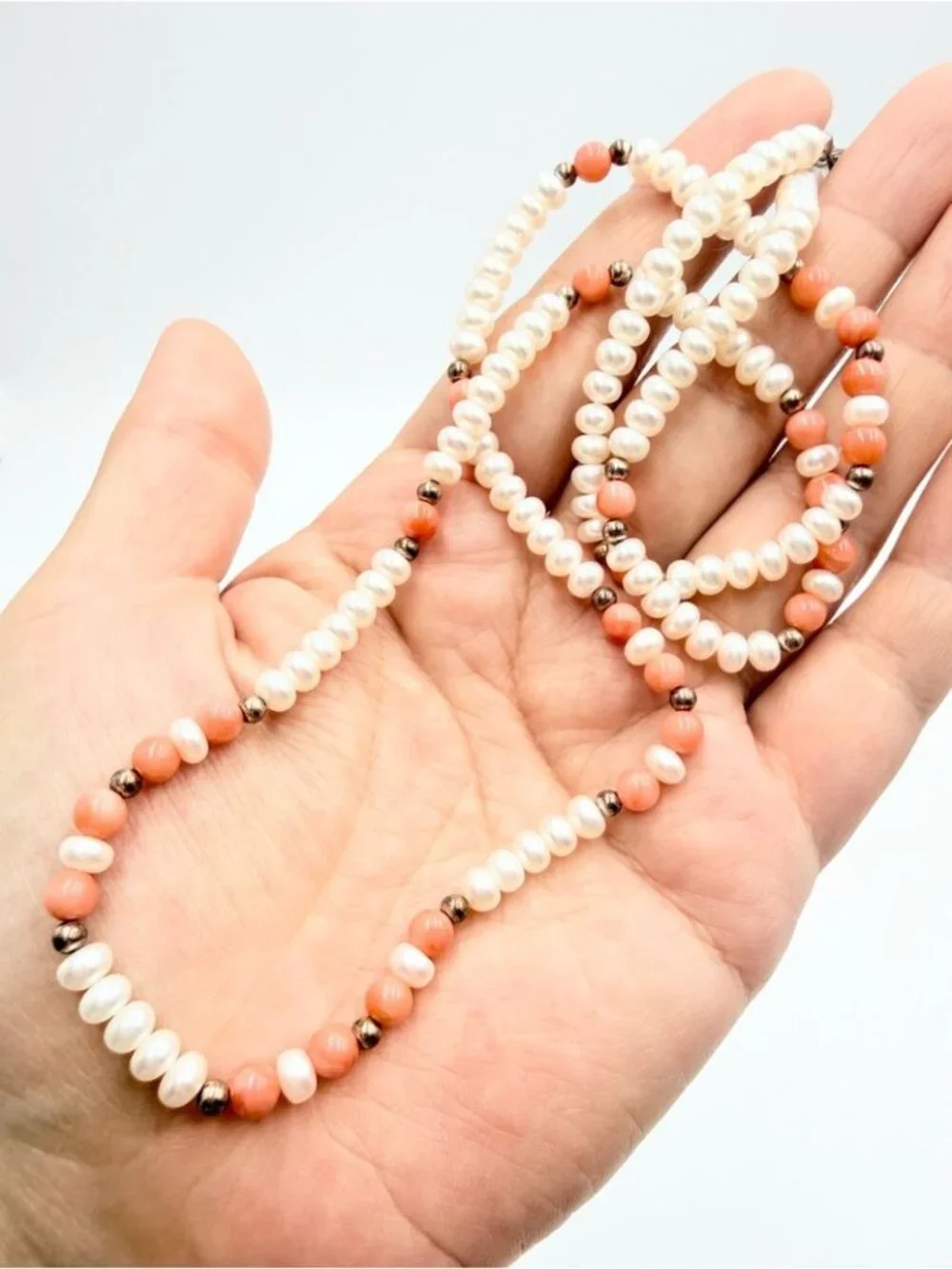 Genuine Freshwater Pearl & Pink Coral Bead Necklace White Pearl